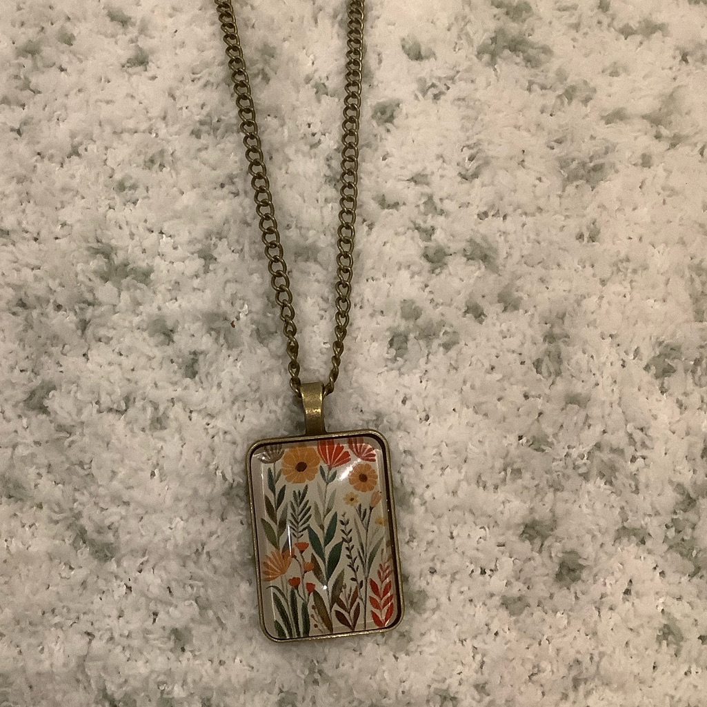 Autumn Floral Garden Glass Cabashon Pendant Necklace Nwt Handcrafted 22”